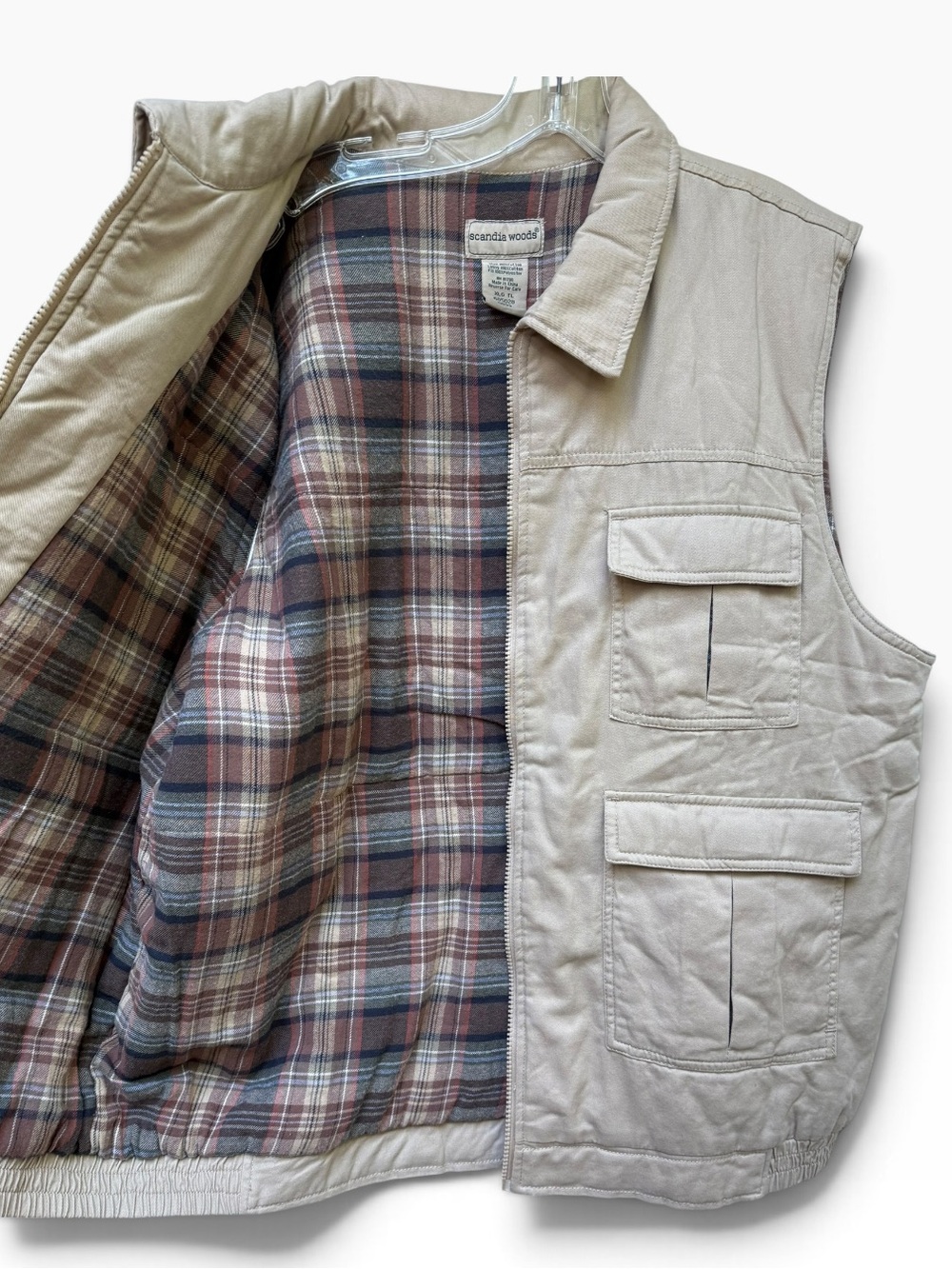 Scandia Woods Plaid Flannel Lined Khaki Utility Vest Sz XL Tall Gorpcore Utility